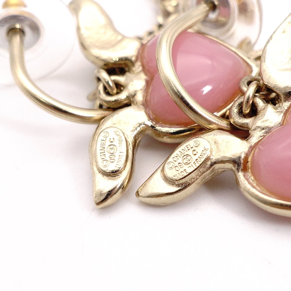 CHANEL Earrings, Metal, Rhinestone, Gold, Heart, Pink