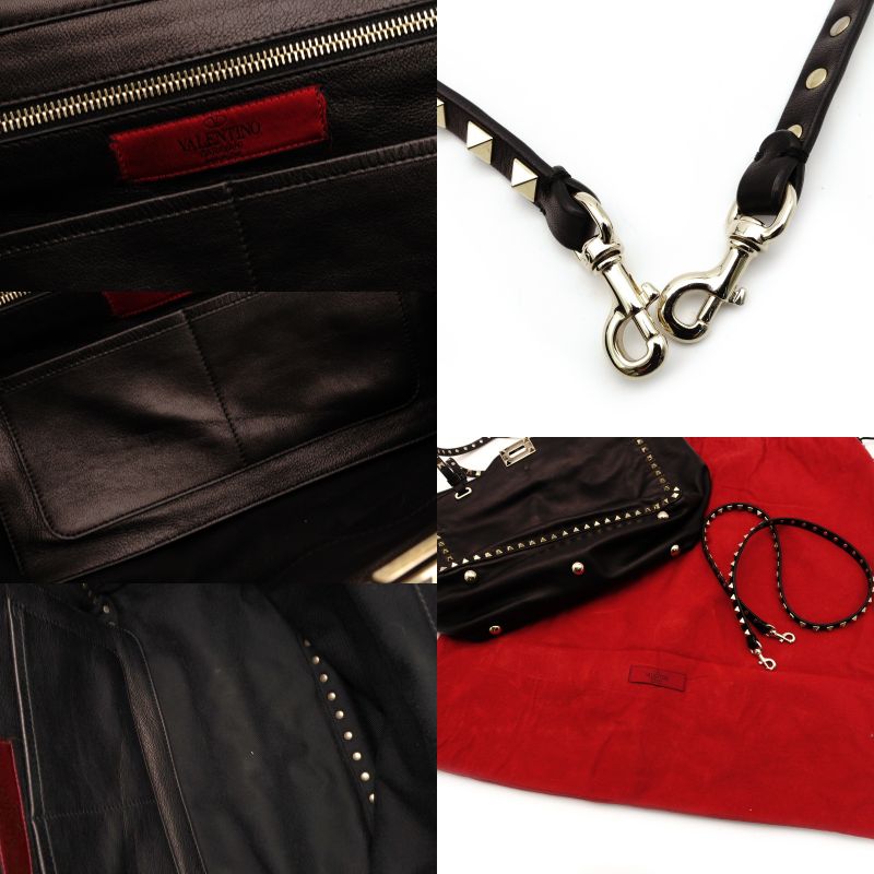 Valentino Garavani Rock Stud 2-Way Handbag Black Leather Black 7-7-1023