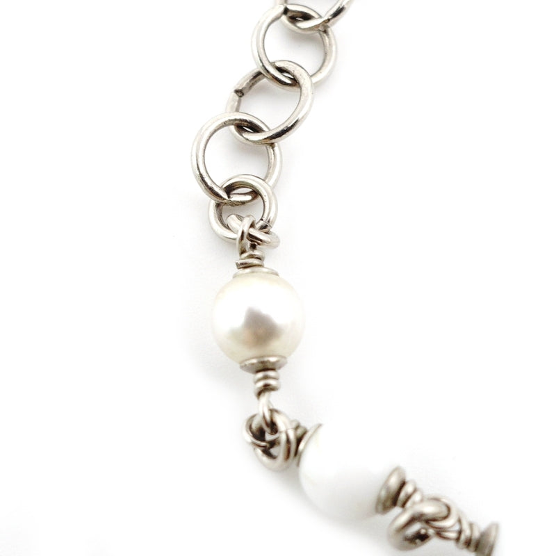 CHANEL Bracelet Silver × White CC Logo Faux Pearl 7-7-1100
