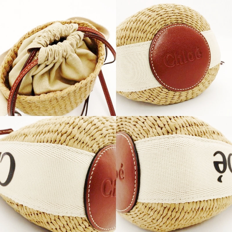 CHOLE Woody Small Baguette Bag Drawstring Shoulder Bag Raffia Straw Material Beige Logo 7-8-262