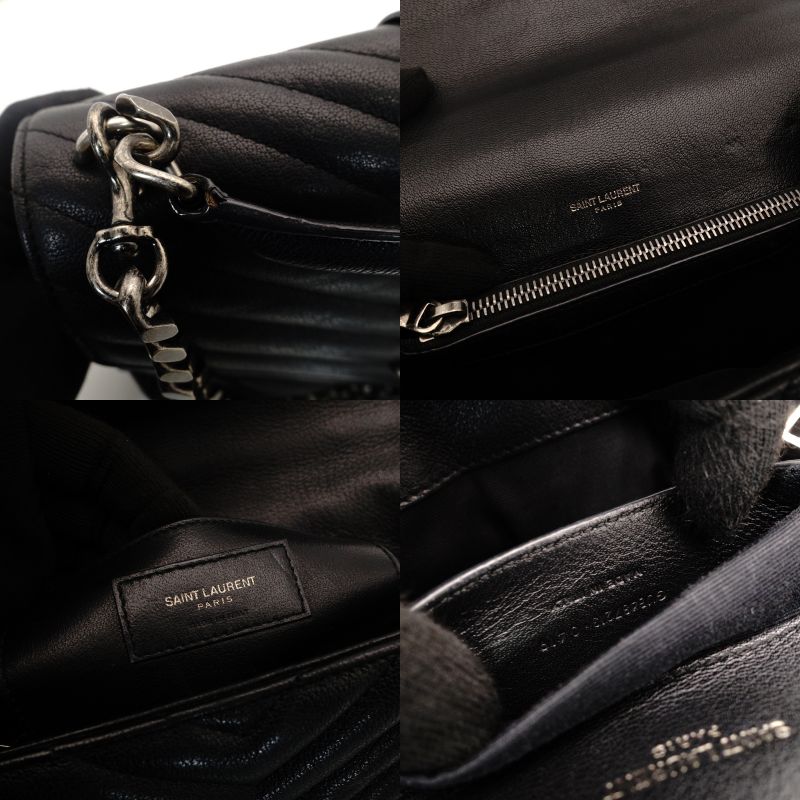 Saint Laurent YSL College Chain Shoulder Bag Black Leather Logo 2-Way Silver Hardware 7-8-375