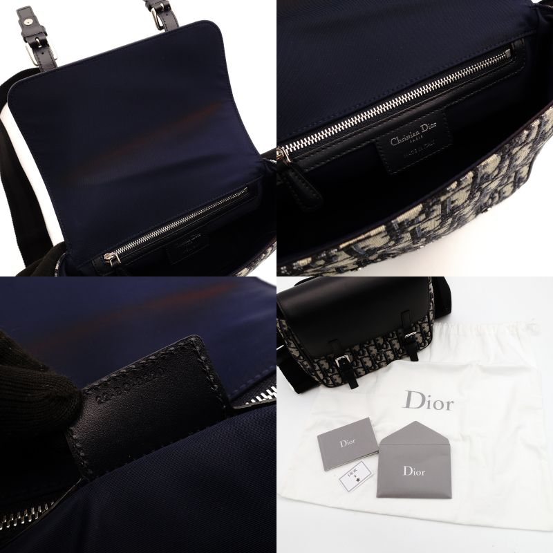 DIOR Messenger Oblique Shoulder Bag Navy Canvas Leather Crossbody 7-8-662