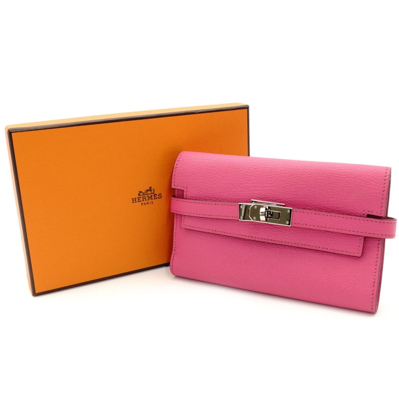 HERMES Kelly Wallet Medium Size Pink Leather Chèvre Silver Hardware D-Stamp 7-8-680