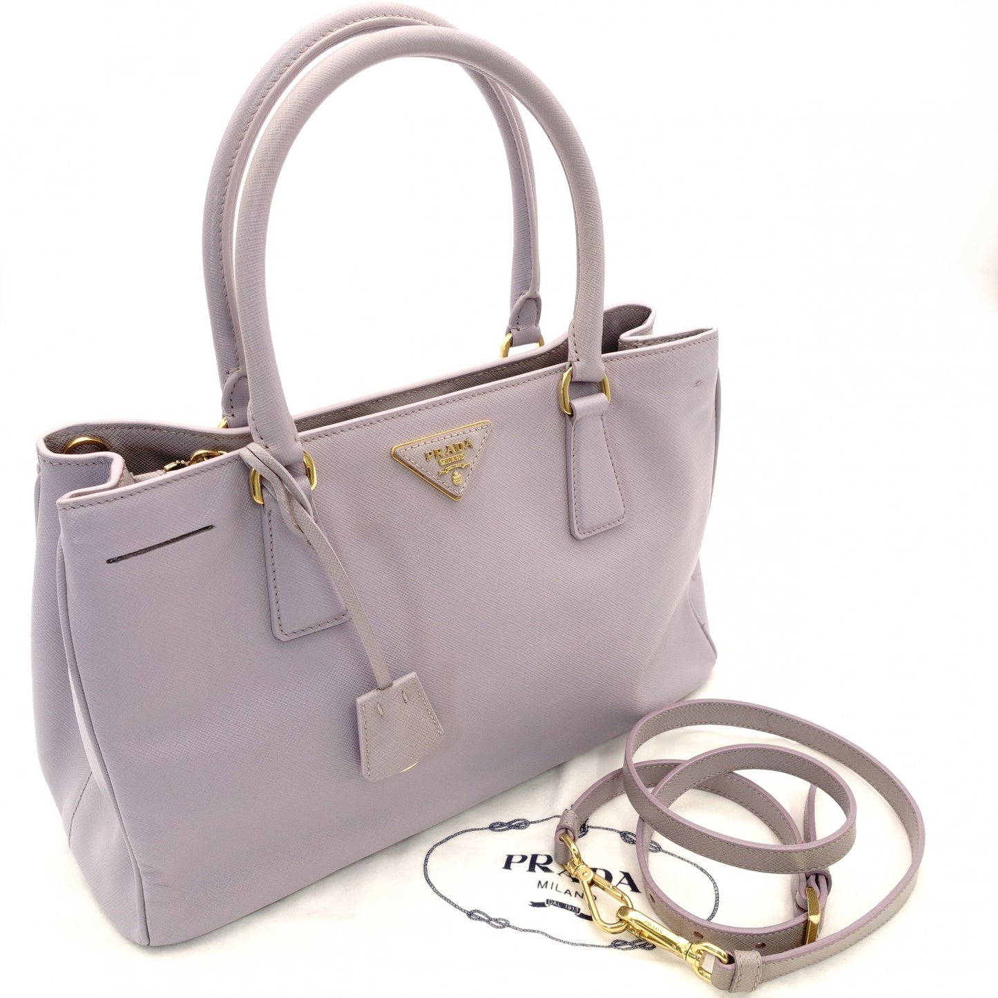 PRADA Galleria Handbag Double Zip Satchel Medium Saffiano Leather Purple Triangle Logo Gold Hardware 7-10-965