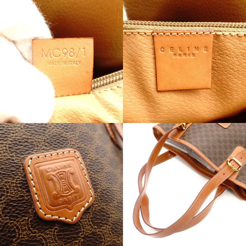 Celine Macadam Handbag Brown PVC Leather Tote Shoulder Vintage 7-10-869