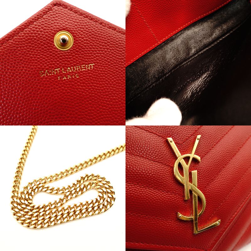 Saint Laurent Cassandra Envelope Chain Shoulder Bag Red Leather Wallet Red Gold Hardware 7-11-095