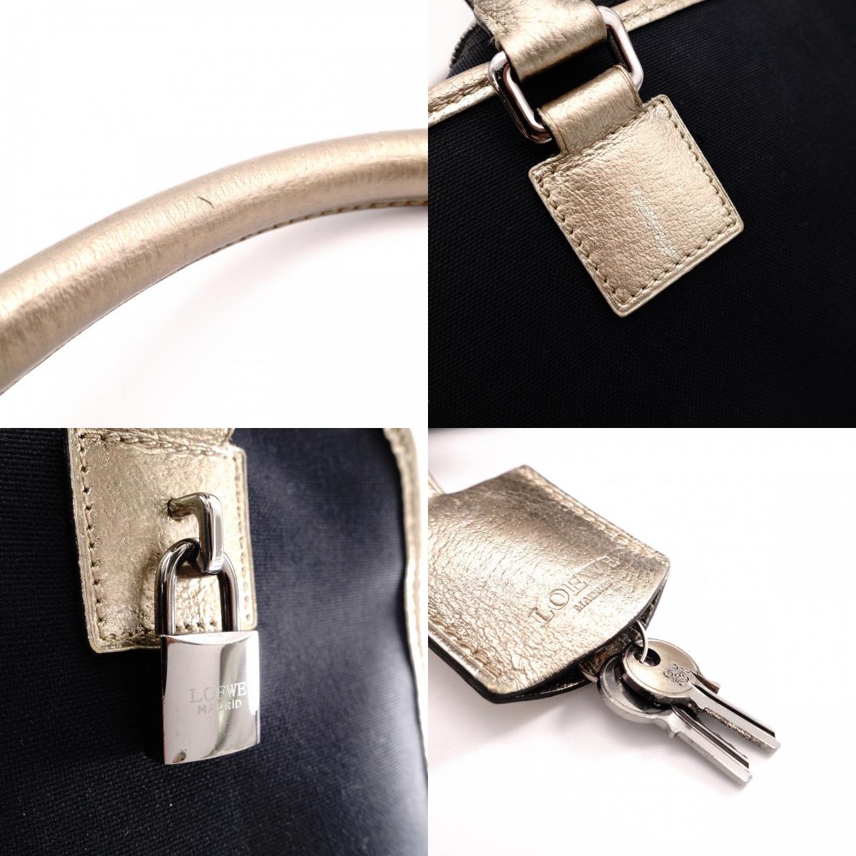 LOEWE Amazona 36 Boston Handbag, Canvas/Leather, Black/Gold, Silver Hardware, Women's