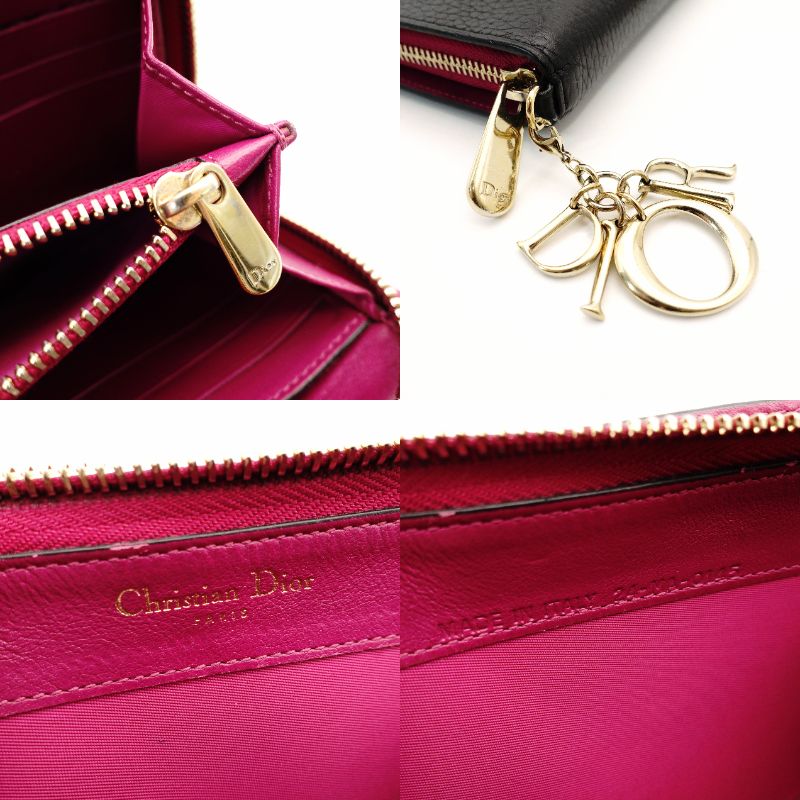 Christian Dior Diorissimo Long Wallet Round Zipper Black Leather 7-11-156