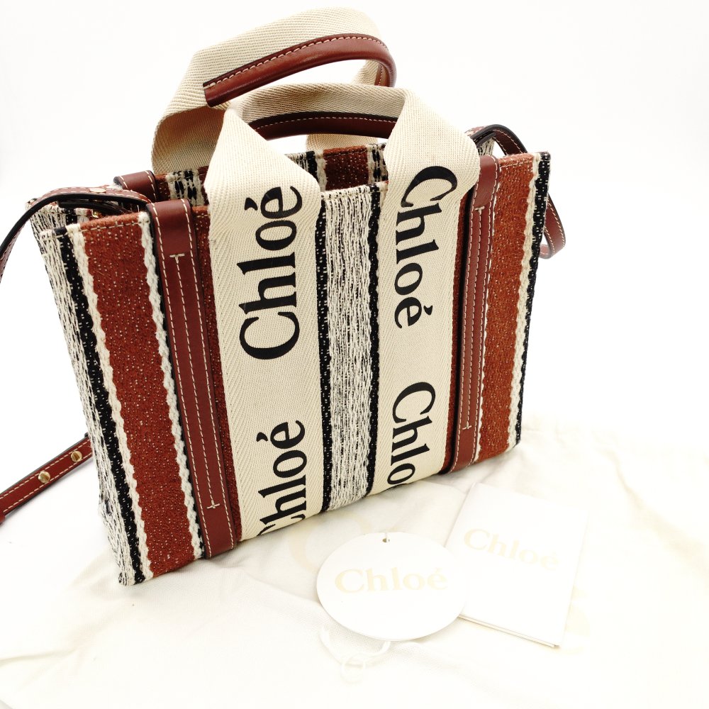 Chloe Woody Small Handbag 2-Way Canvas Beige × Brown Crossbody 7-11-646
