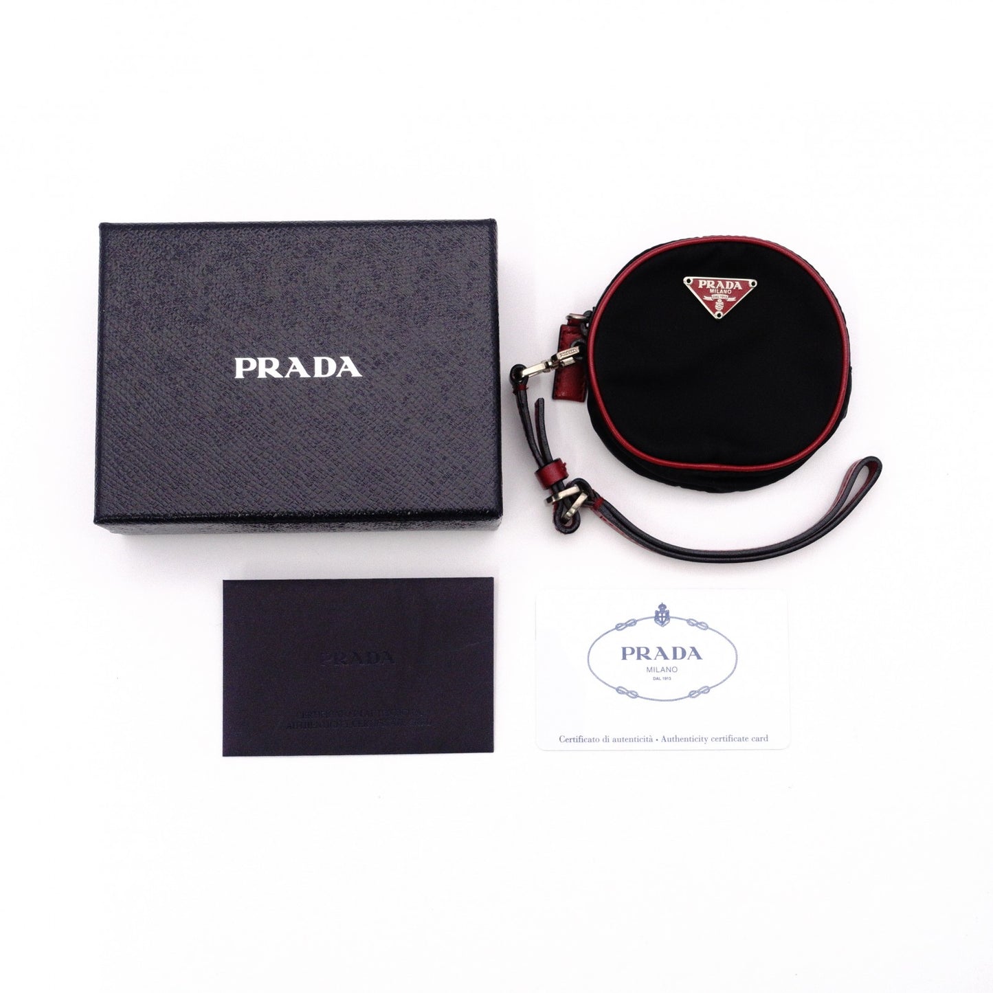 PRADA Coin Pouch, Nylon, Black and Red, Small Accessory Pouch, Triangle Logo