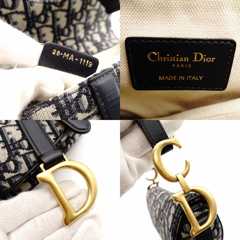 Christian Dior Saddle Bag Oblique Navy × Beige Shoulder Canvas Handbag Leather 7-11-819