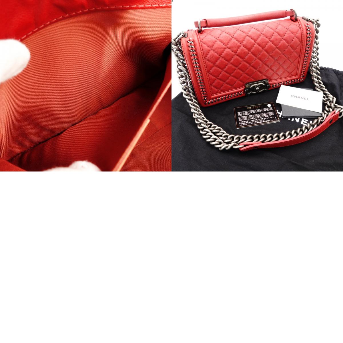 CHANEL Boy Chanel Top Handle 25 Red Leather Red 2-Way Handbag Crossbody 7-9-596