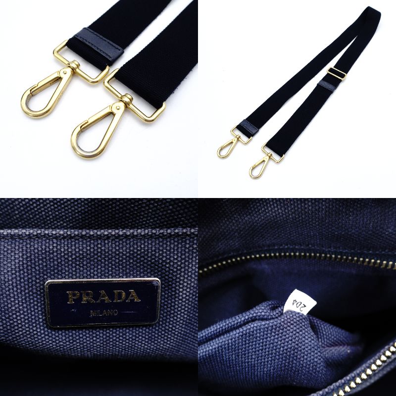 PRADA Canapa Tote Canvas Small Handbag Navy Denim 2-Way Shoulder 7-8-597