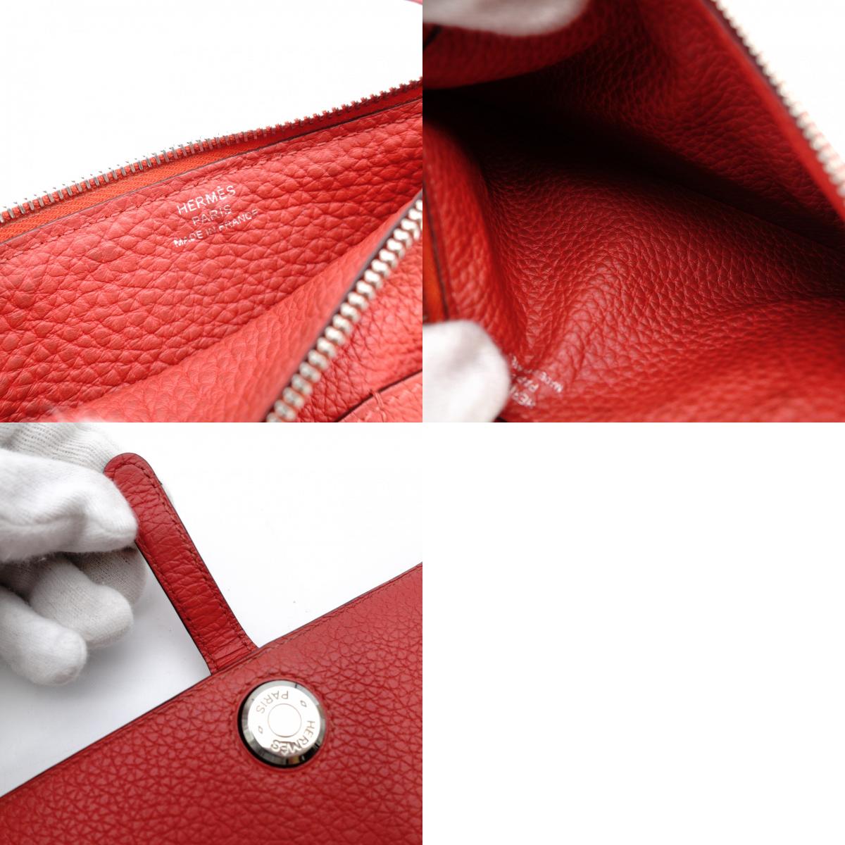 HERMES Dogon GM Long Wallet Red-Tone Leather T-Stamp Silver Hardware Red Wallet Women's 7-12-151