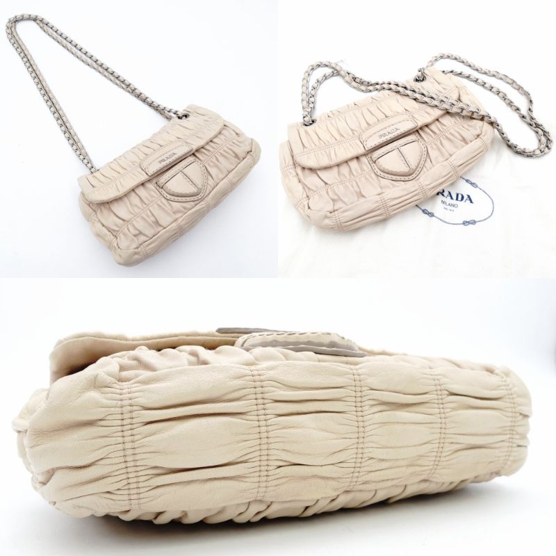 PRADA Chain Shoulder Bag Beige Leather Crossbody Silver Hardware Women's 7-11-309