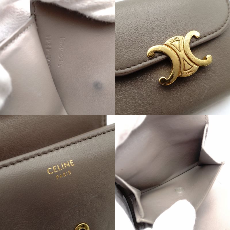 Celine Triomphe Mini Wallet, Foldable Wallet, Greige Leather, Compact Wallet, Gold Hardware, 7-12-485