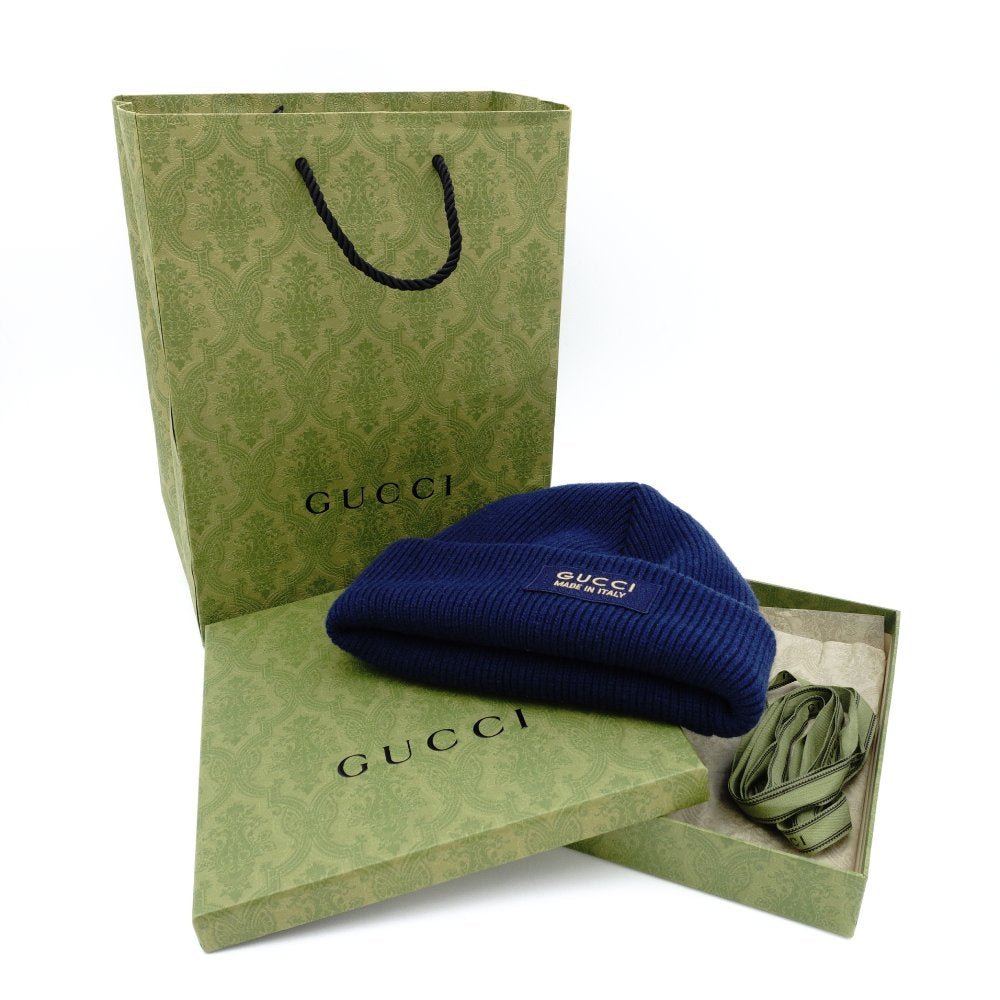GUCCI Navy Knit Beanie M Size 58cm Wool Logo Hat with Box 7-2-205