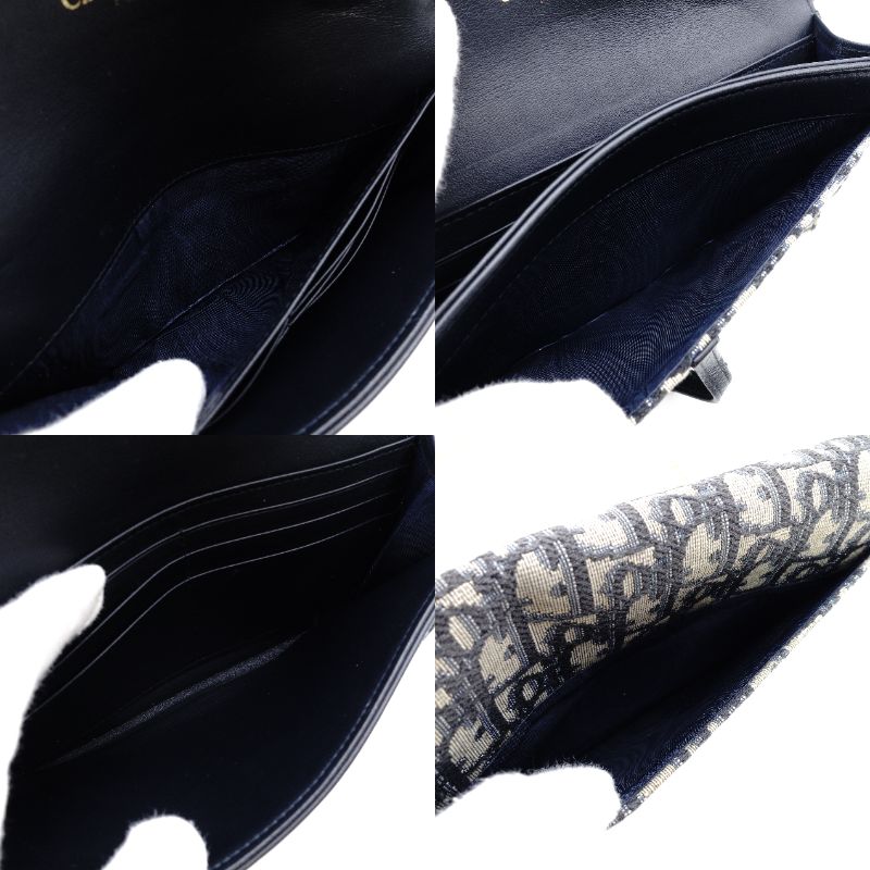 Christian Dior Oblique Shoulder Bag Chain Wallet Saddle Navy × Beige Canvas 7-11-616