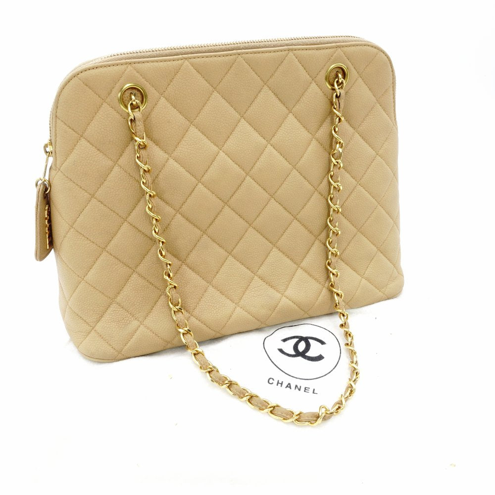 CHANEL Matelassé Beige Caviar Skin Chain Shoulder Bag Leather Quilted 7-11-136