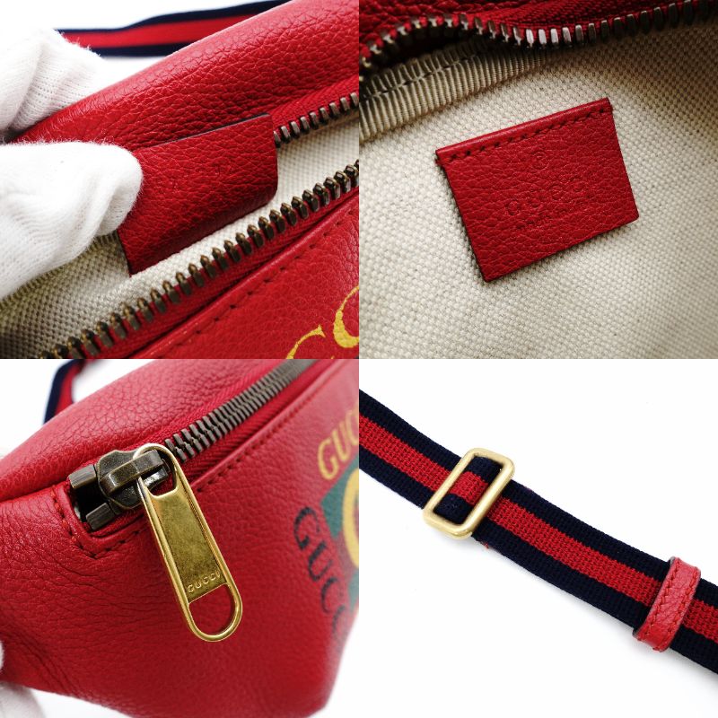 GUCCI Body Bag Small Sherry Line Red Leather Waist Bag Red Logo 7-12-521
