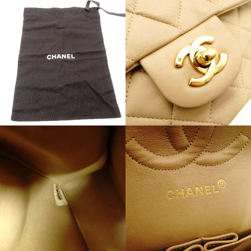 CHANEL Matelassé Double Flap Medium Size Beige Chain Shoulder Bag Leather Lambskin Gold Hardware 7-12-005