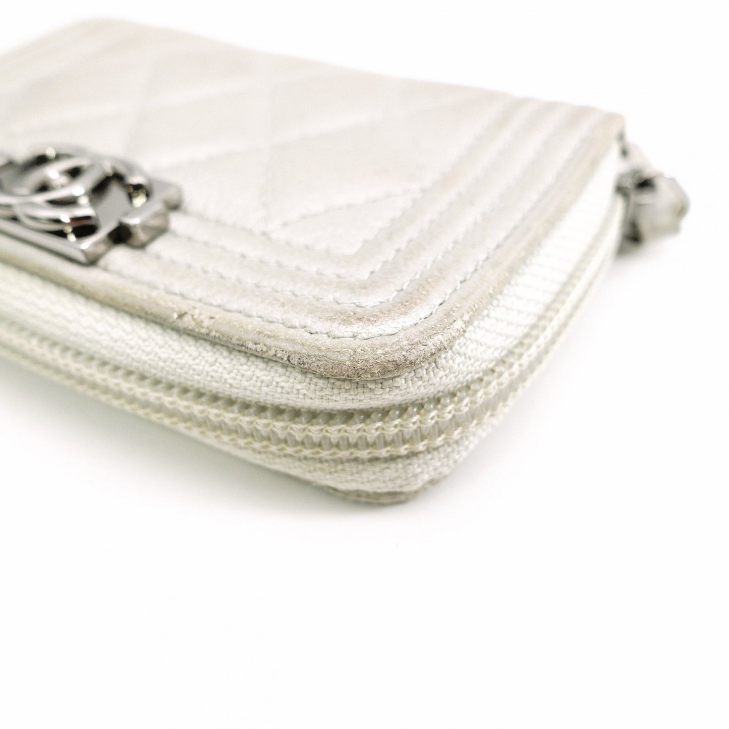 CHANEL Boy Chanel Card Case, Leather, Silver-Tone, Silver Hardware