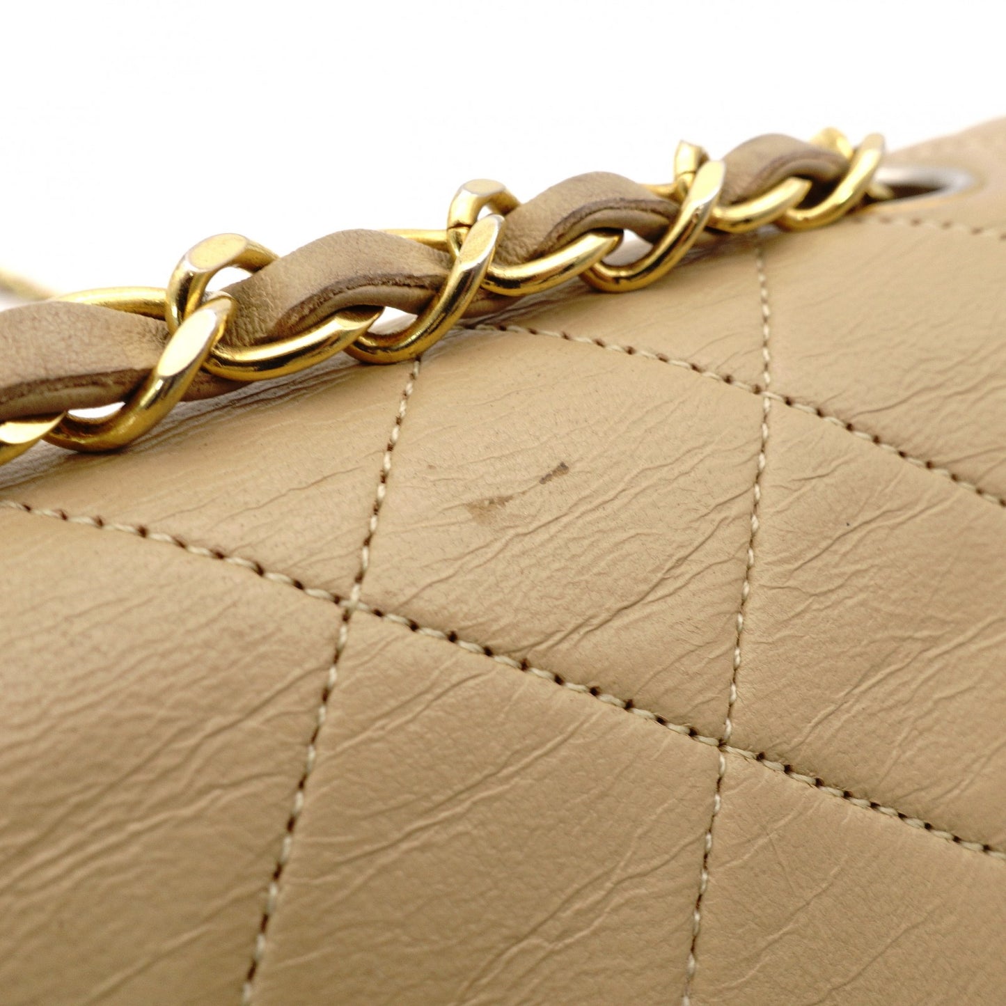 CHANEL Matelassé Double Flap Chain Shoulder Bag Lambskin Beige Leather Gold Hardware 7-12-098