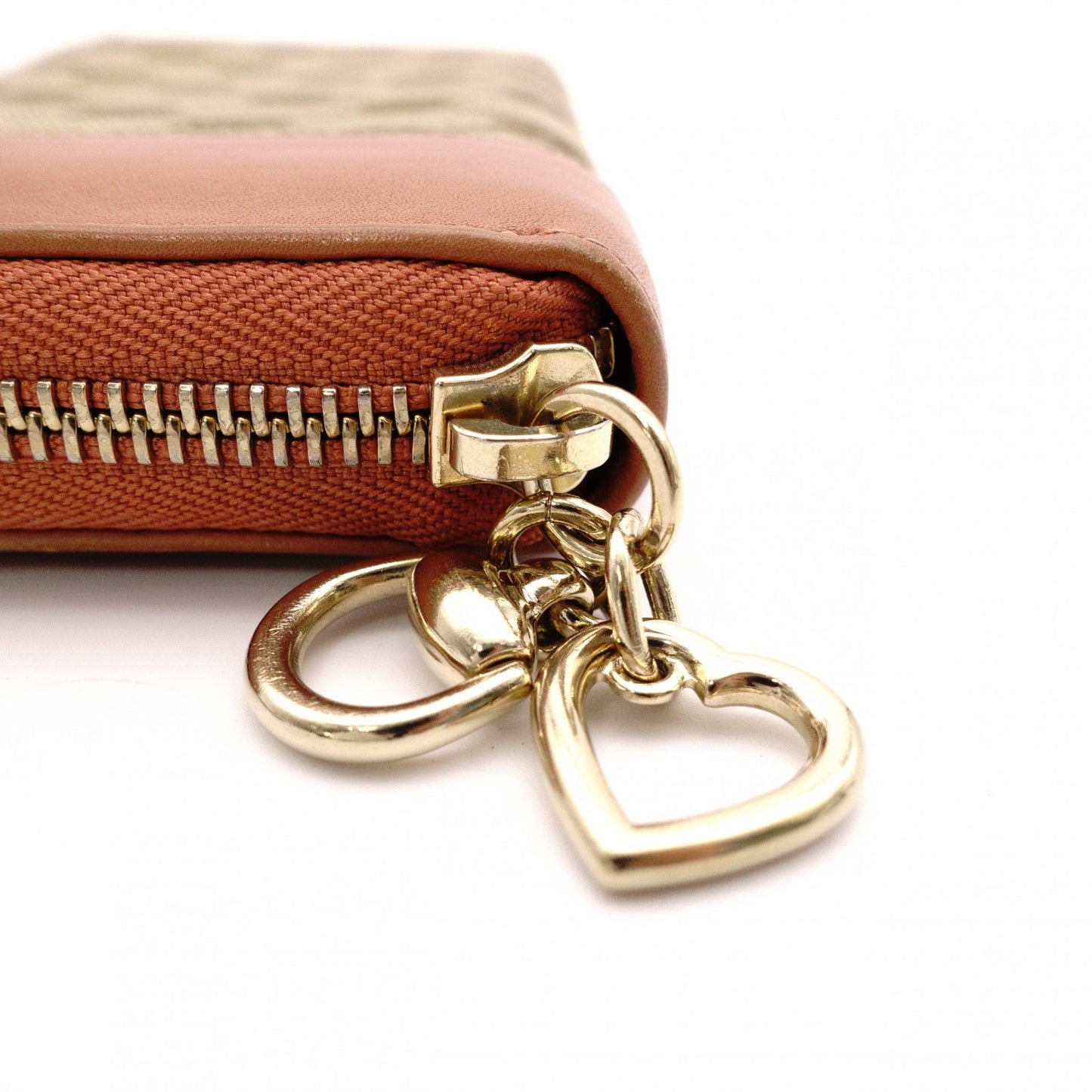 GUCCI GG Canvas Long Wallet, Leather, Brown Canvas, Heart Motif, Gold Hardware