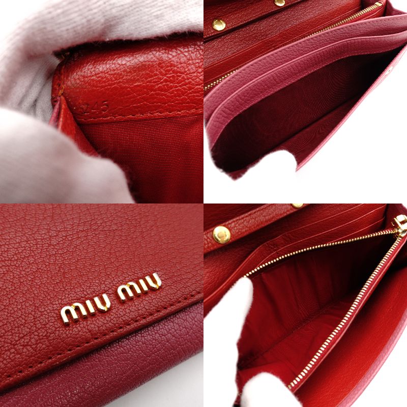 MIU MIU Madras Shoulder Bag Red × Pink Chain Wallet Leather Wallet Red Long Wallet R801090