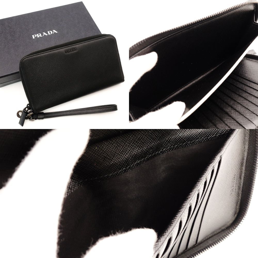 PRADA Round Fastener Long Wallet Black Saffiano Leather Black Men's Organizer 7-11-406