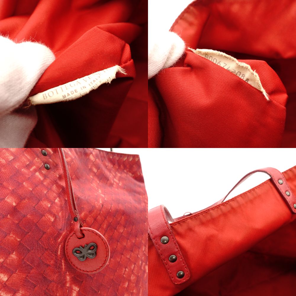 Bottega Veneta Intrecciolusion Tote Bag Red Shoulder Nylon × Leather 7-11-192