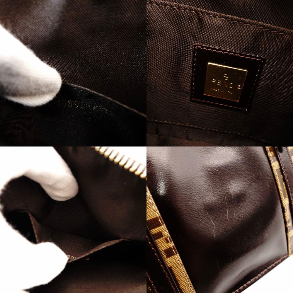 FENDI Zucca Handbag Patent Leather Brown-Tone Leather Pouch Women's R801562