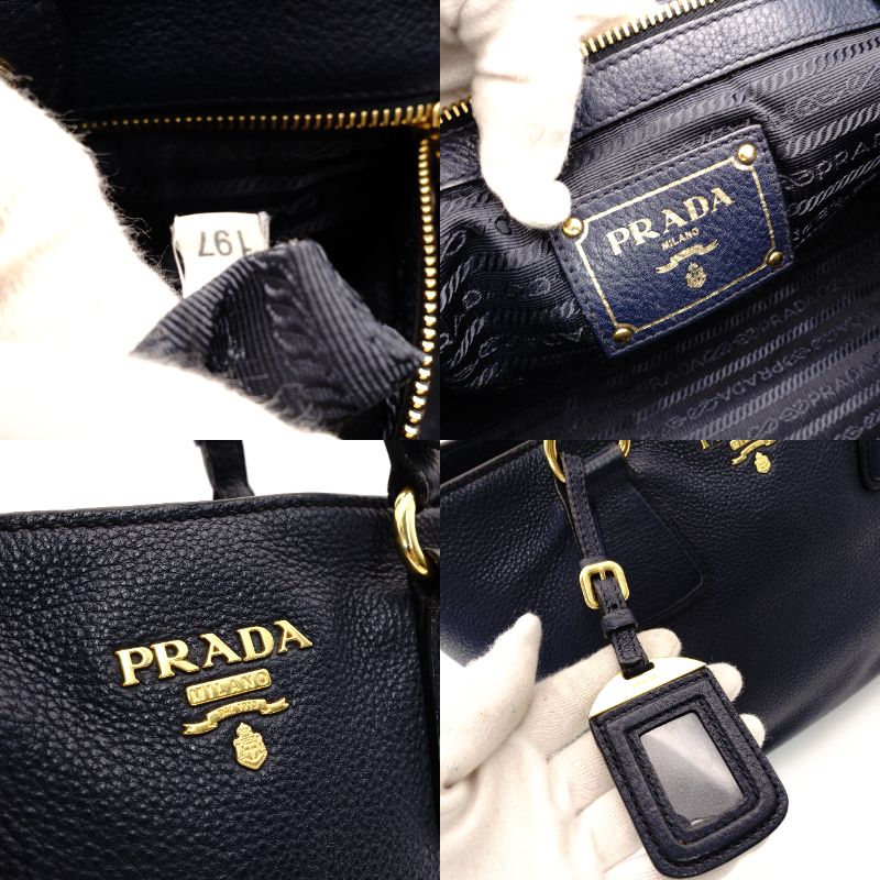PRADA VITELLO DINY Tote Bag Leather Navy Blue Blue Shoulder Gold Hardware R801158