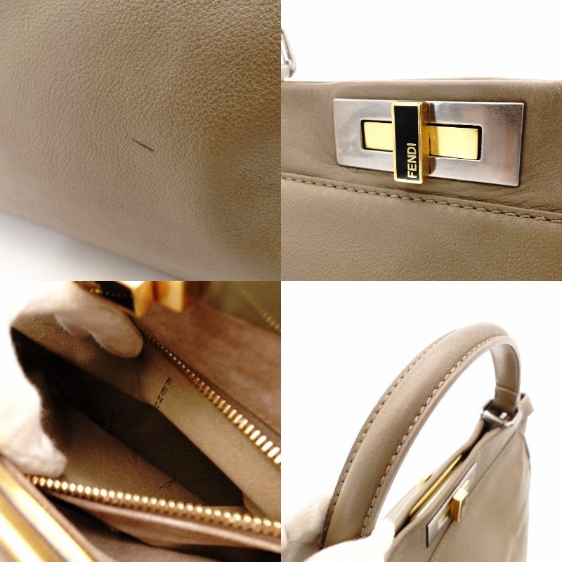 FENDI Peekaboo Handbag Greige 2-Way Shoulder Leather Gold Hardware R801609