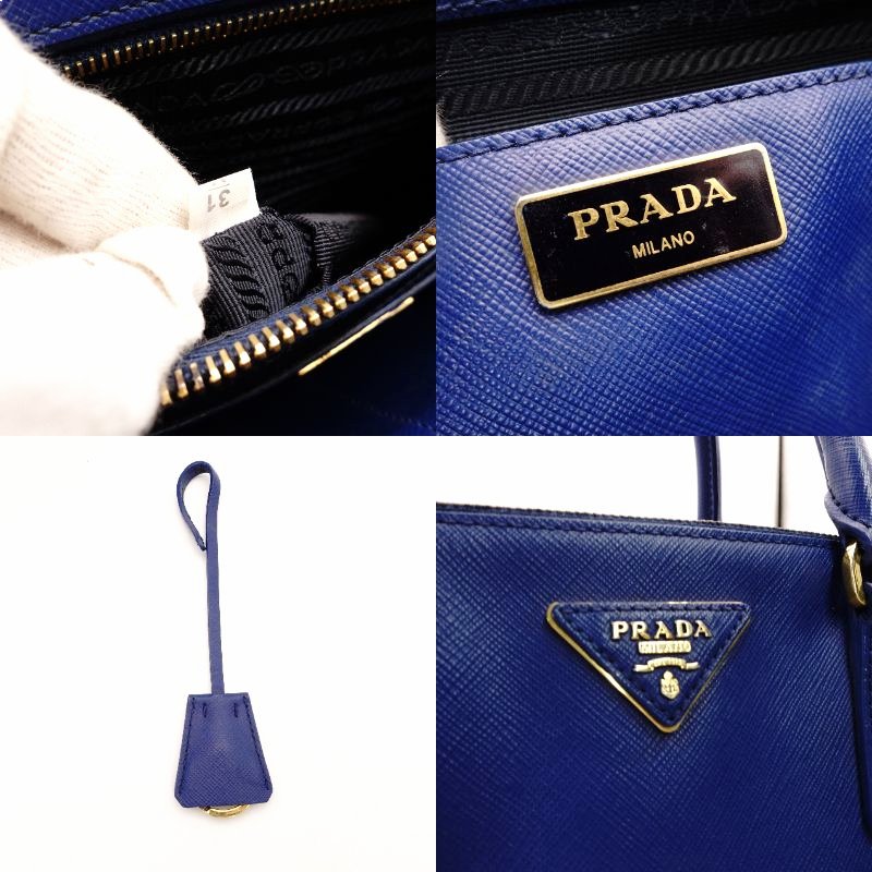 PRADA Galleria Handbag Blue Leather Blue Tote Gold Hardware R801418