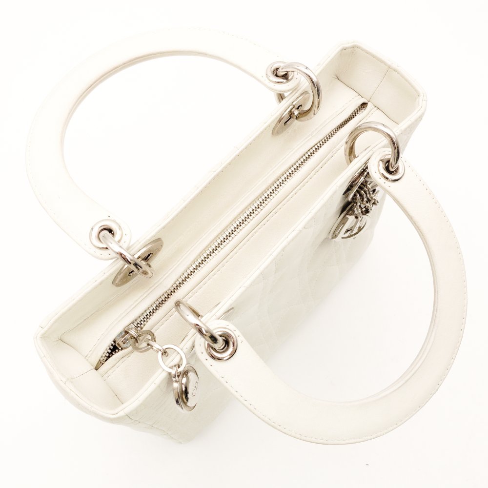 Christian Dior Lady Dior Medium Handbag White Cannage 2-Way White Leather Silver Hardware R801376