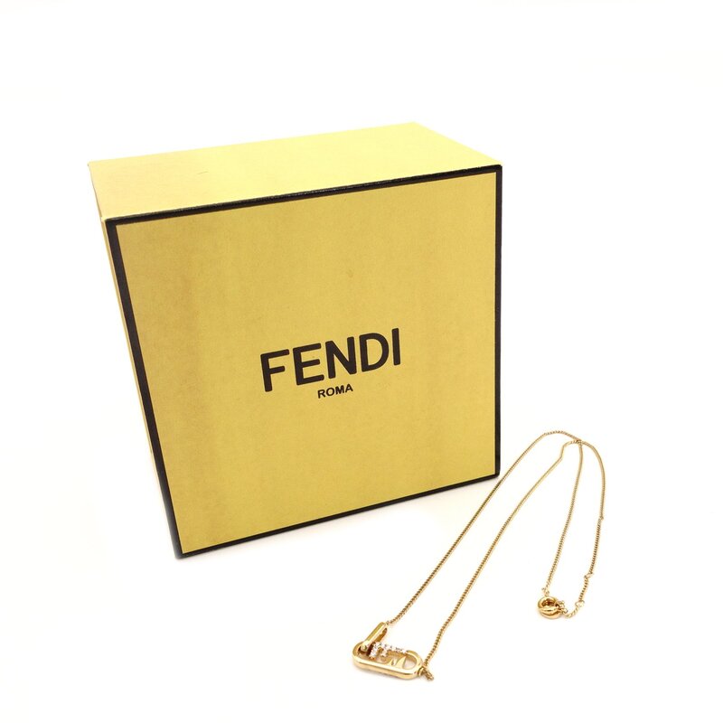 FENDI F Logo Rhinestone Necklace Gold Pendant with Box 7-9-791