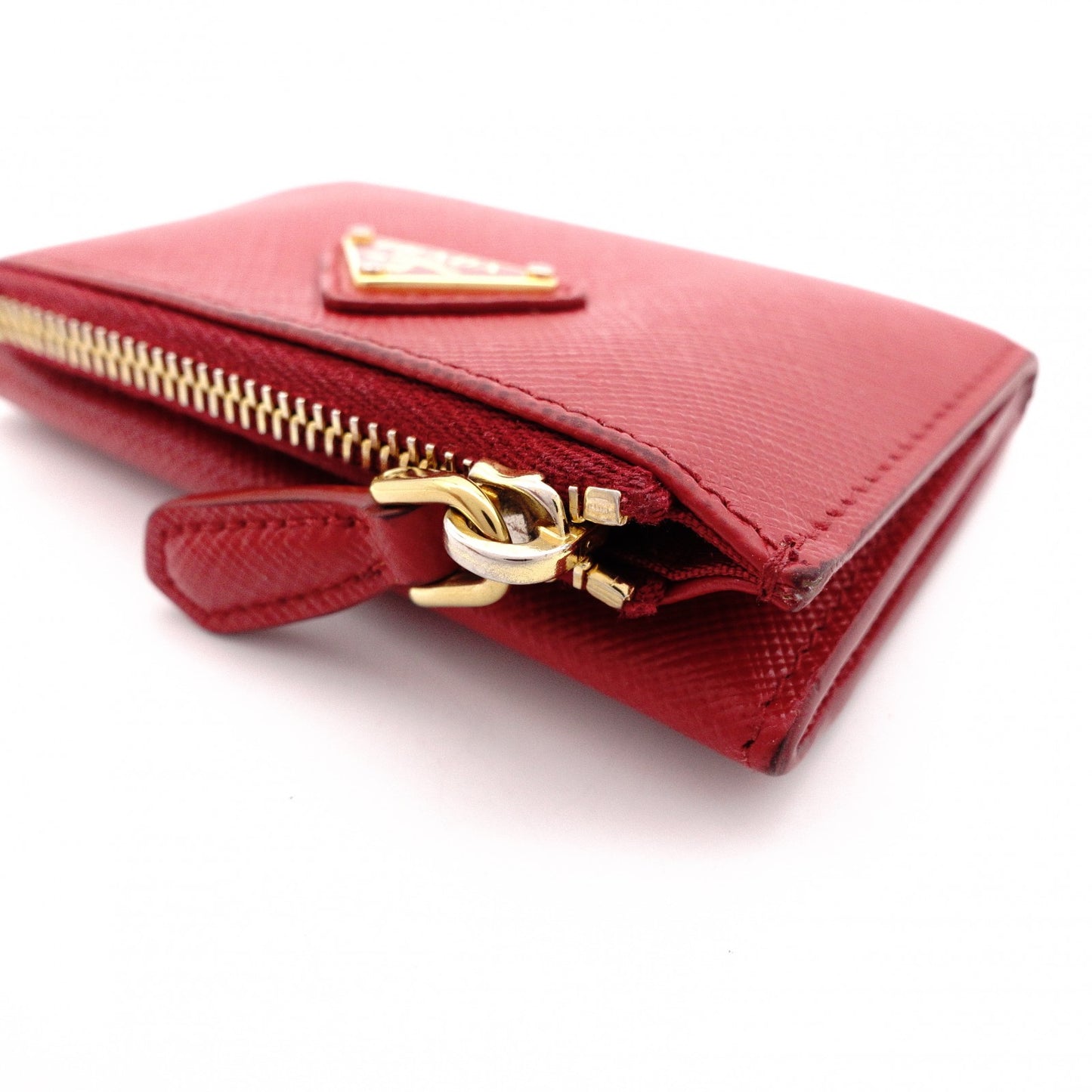 PRADA Saffiano Leather Coin Purse, Red, with Triangle Logo and Gold Hardware