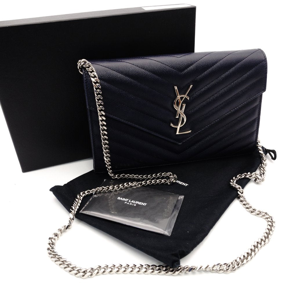 Saint Laurent Cassandra Chain Wallet Navy Leather Silver Hardware Crossbody R8020086