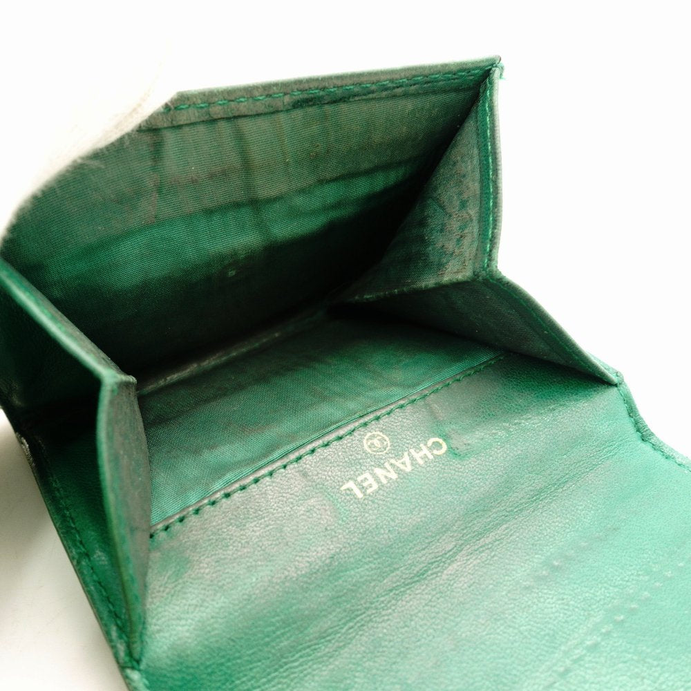 CHANEL Coin Case Caviar Skin Green Leather Vintage Mini Wallet R801194