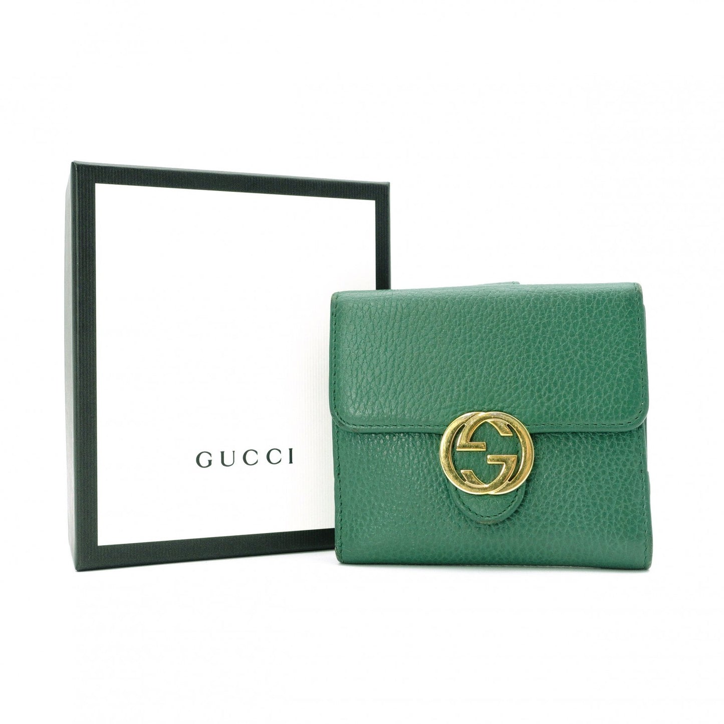 GUCCI Interlocking Bifold Wallet, Leather, Green, Gold Hardware
