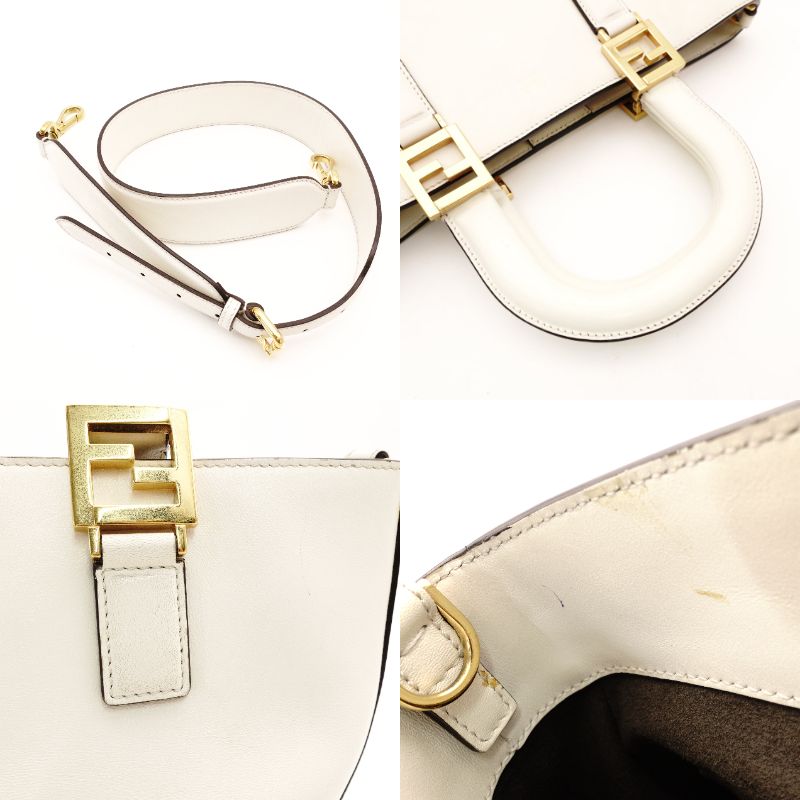 FENDI Handbag FF Tote White 2-Way Leather FF Logo Shoulder Gold Hardware R801649