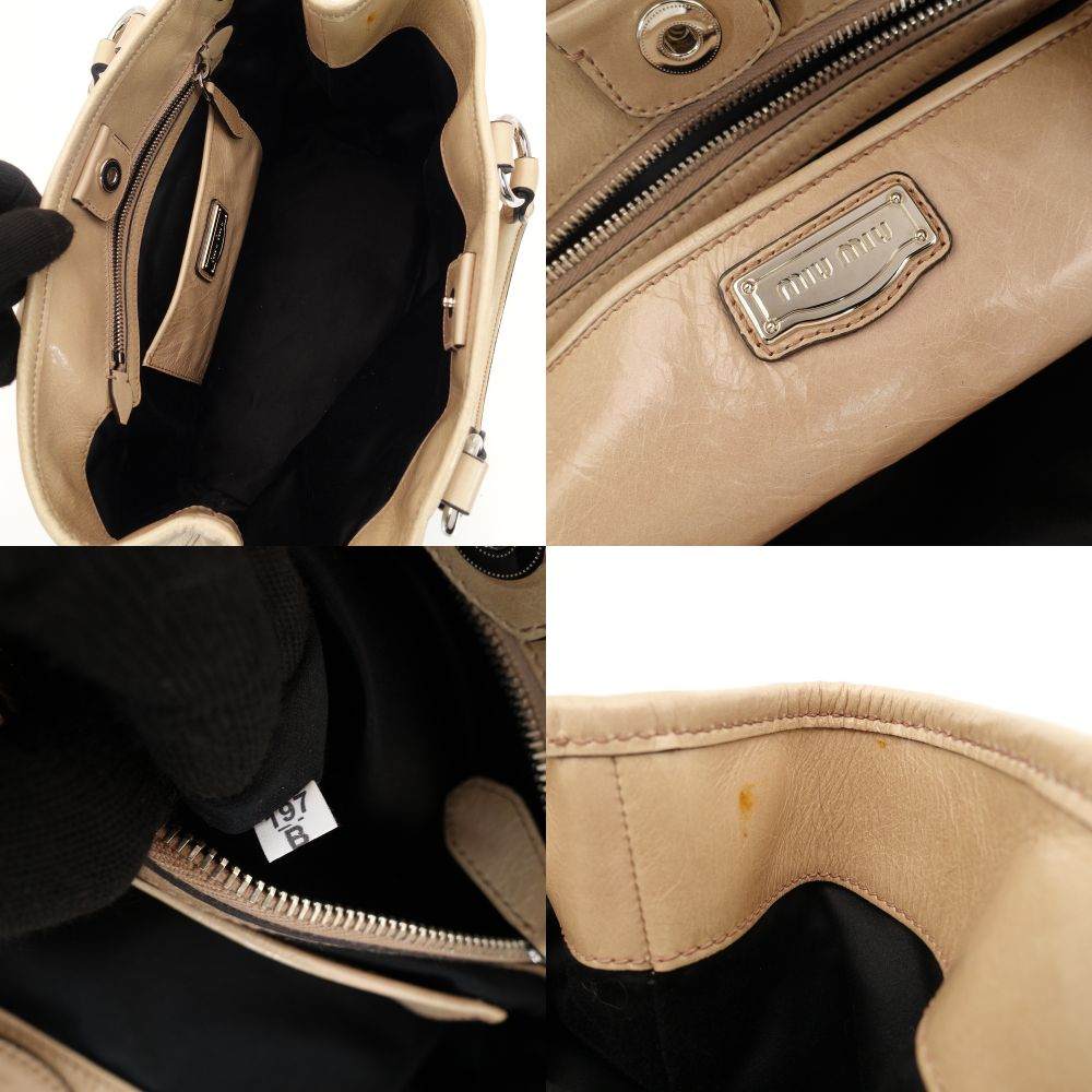 Miu Miu Handbag Patent Leather Beige 2-Way RN0685 Crossbody Logo Silver Hardware 7-9-757