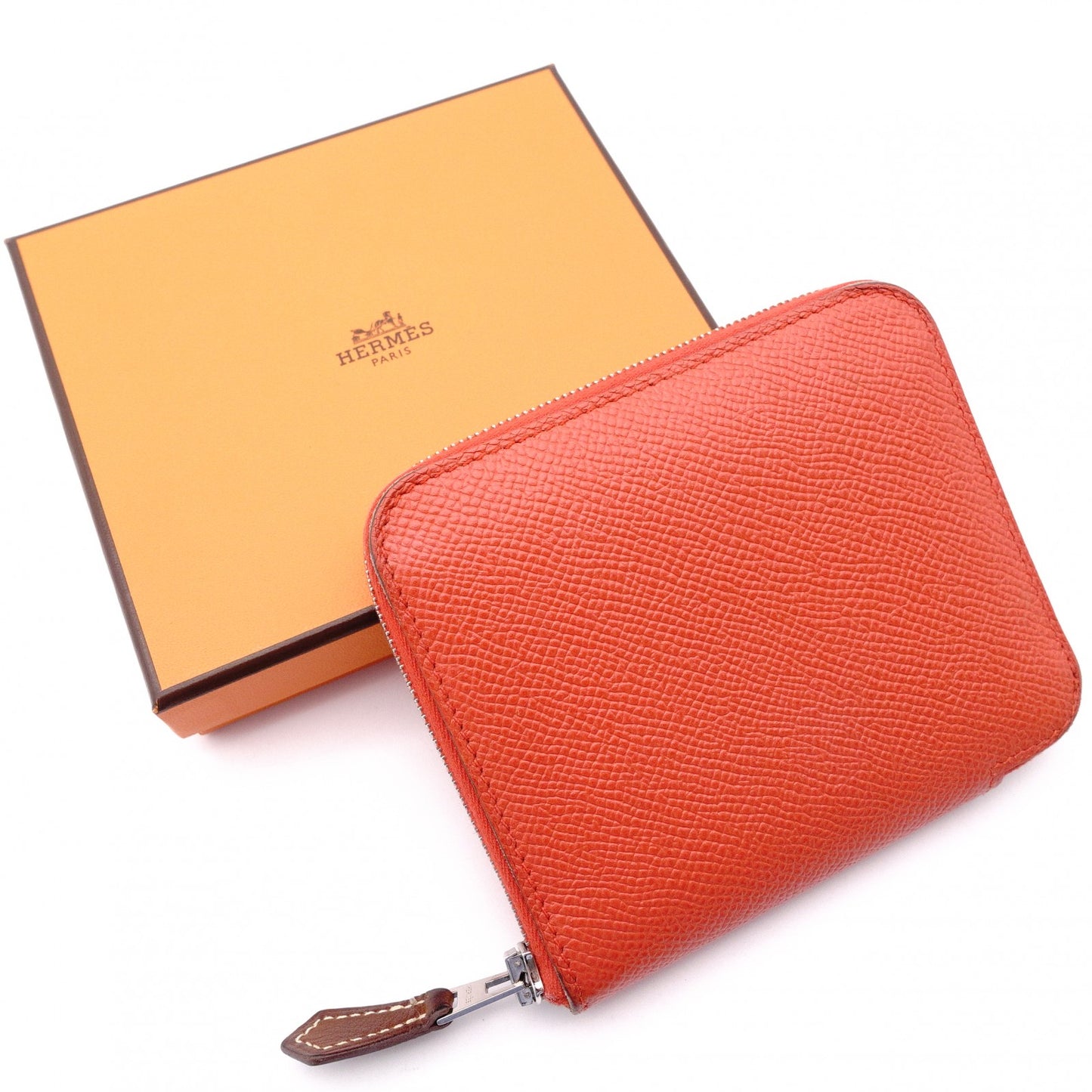 HERMES Silk-In Compact Coin Case, Leather, Orange