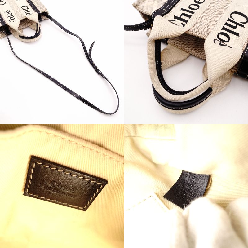 Chloe Woodie Small Handbag Canvas Beige × Navy 2-Way Shoulder R801166