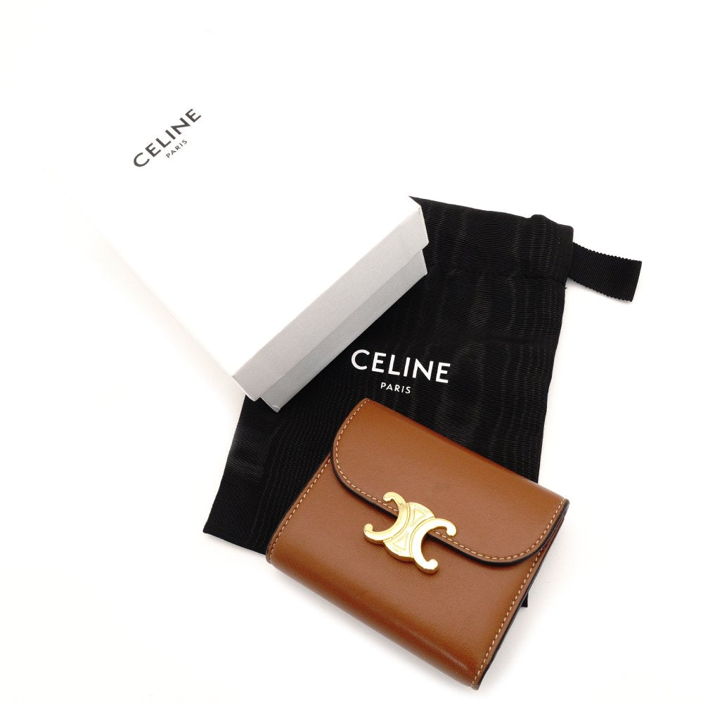 Celine Triomphe Leather Wallet Brown Tri-Fold Wallet Mini Wallet Brown Gold Hardware With Box 7-9-461