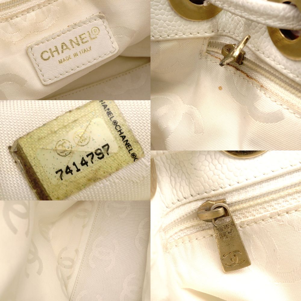 CHANEL Coco Mark Drawstring Tote Caviar Leather Shoulder Bag White Vintage CC Logo 7-9-173