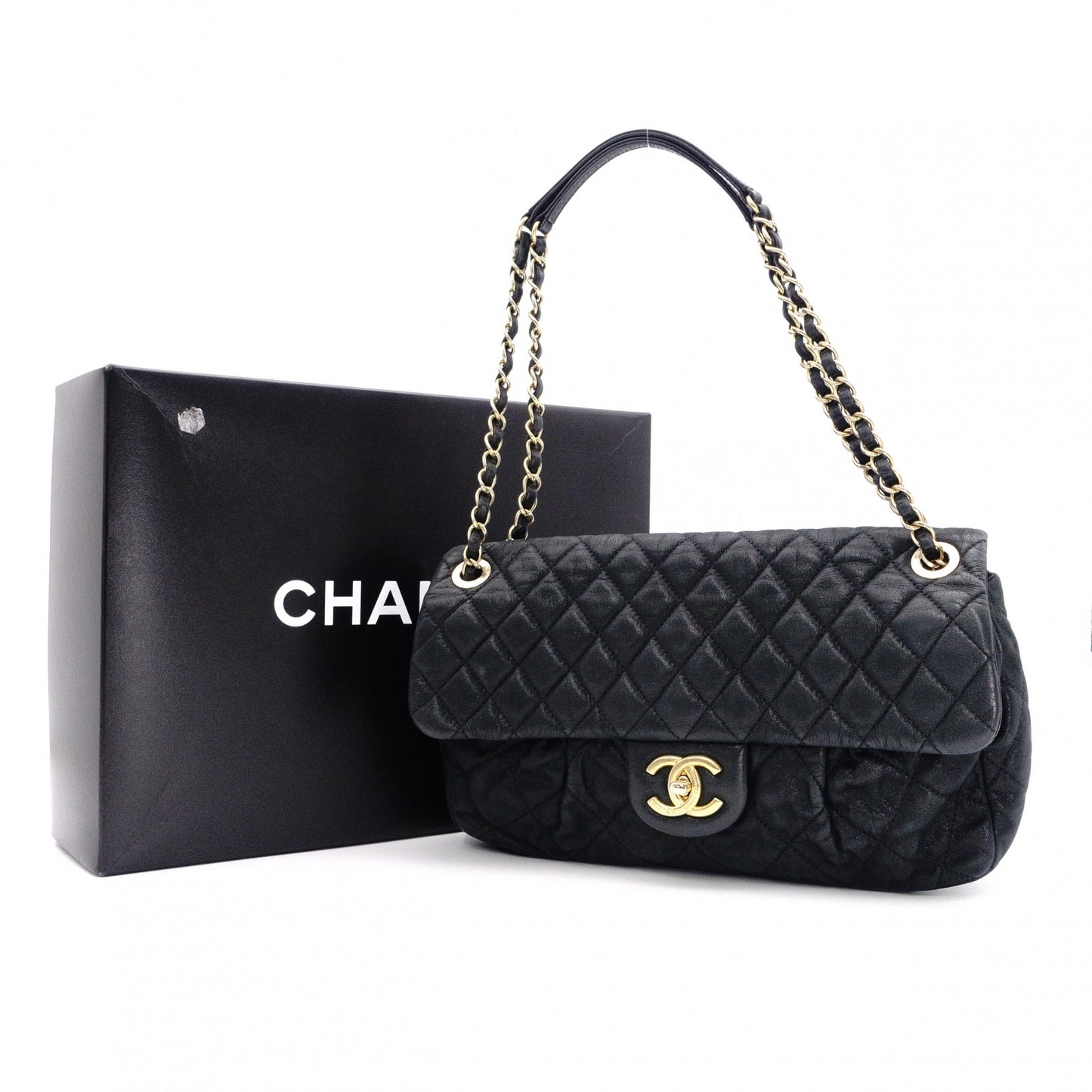 CHANEL Chain Shoulder Bag, Matelassé Leather, Black with Gold Hardware