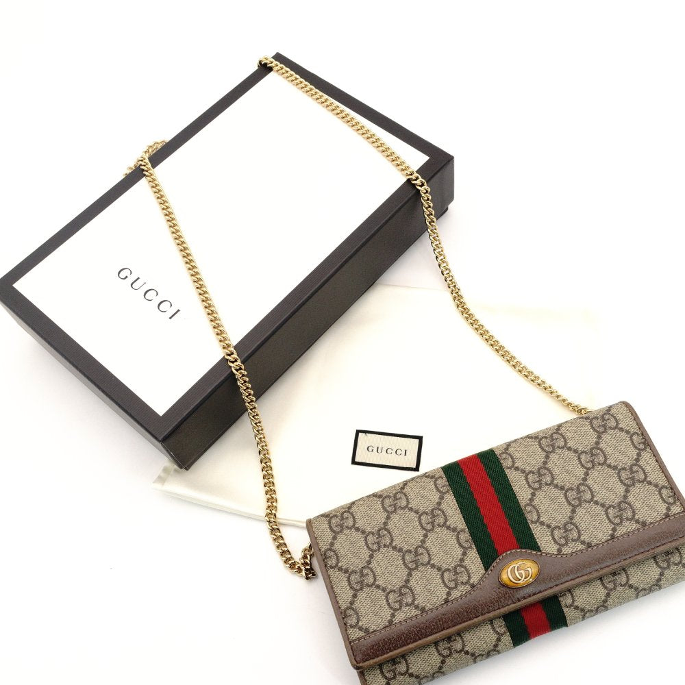 GUCCI Off-Dia GG Marmont PVC Leather Chain Wallet 546592 Crossbody Beige Brown Sherry Line 7-10-306