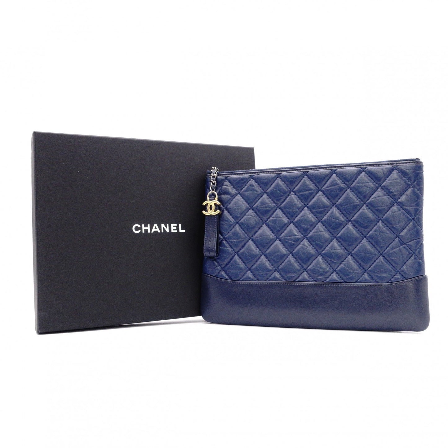 CHANEL Lambskin Gabrielle Matelassé Clutch Bag, Leather, Navy Blue